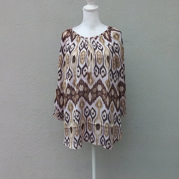 Unbranded Blouse Women's Med Brown Beige White Print Elastic Neckline Preppy - Picture 6 of 6